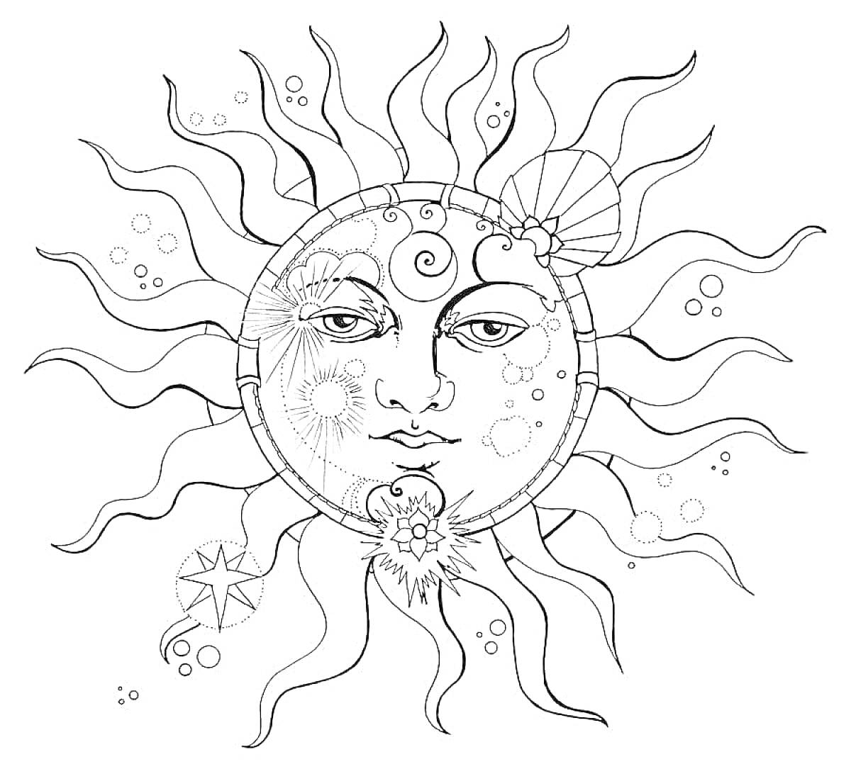 На раскраске изображено: Солнце, Луна, Лицо, Узоры, Лучи, Звезды, Цветы, Раковина, Арт