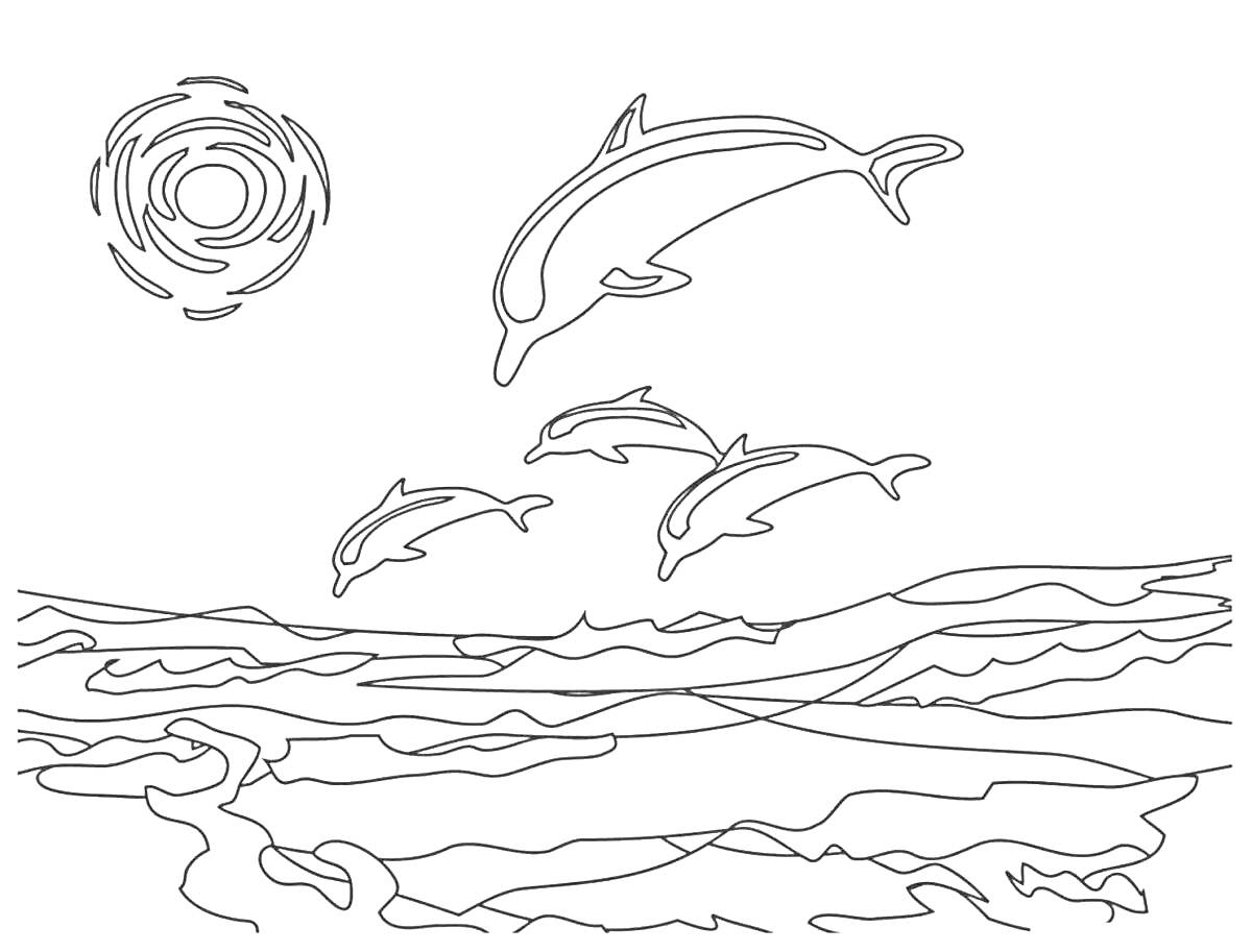 На раскраске изображено: Закат, Море, Дельфины, Волны, Пейзаж, Природа, Вода