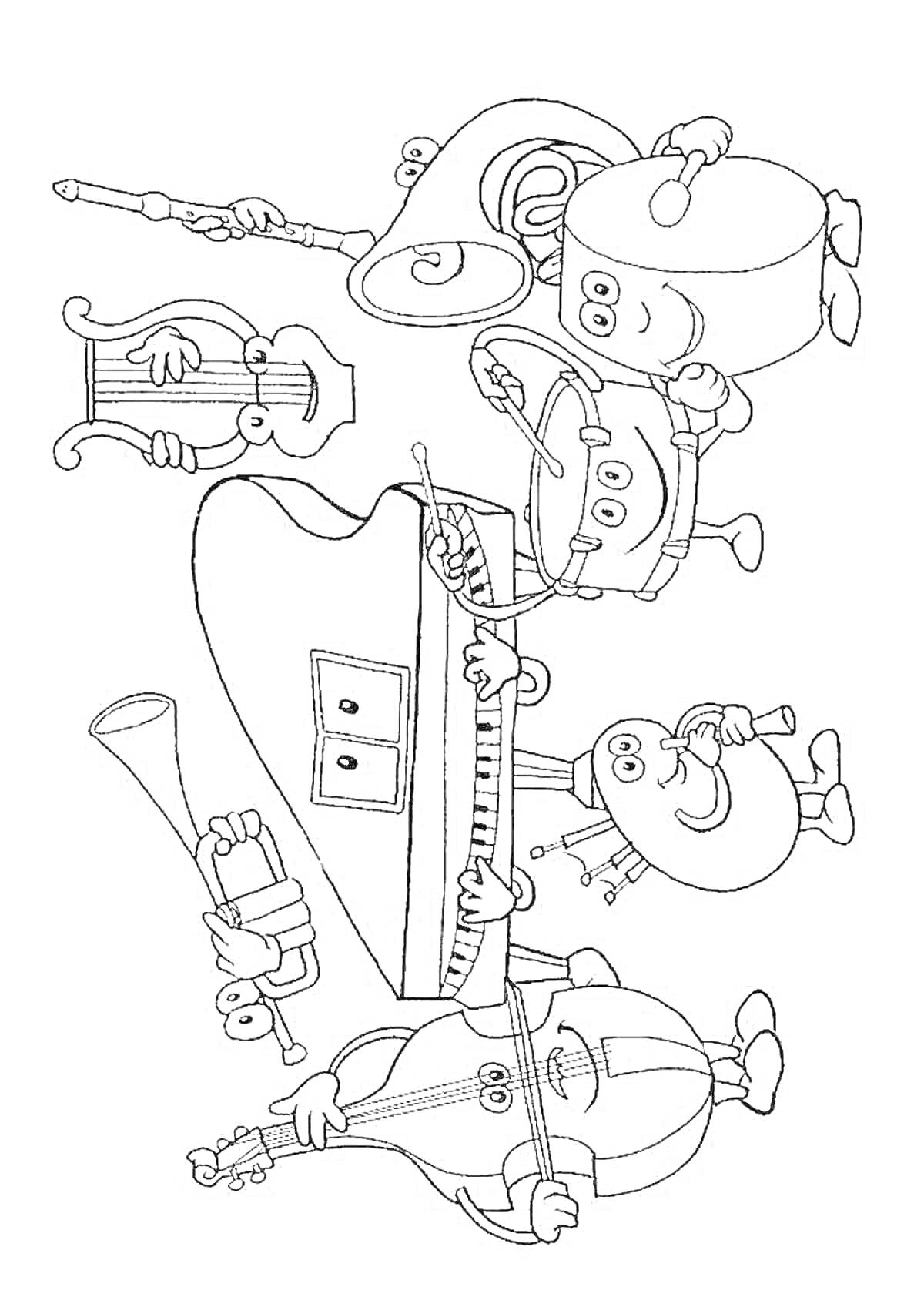 Раскраска Музыкальные инструменты с лицами - флейта, валторна, барабан, скрипка, рояль, гобой, труба, контрабас