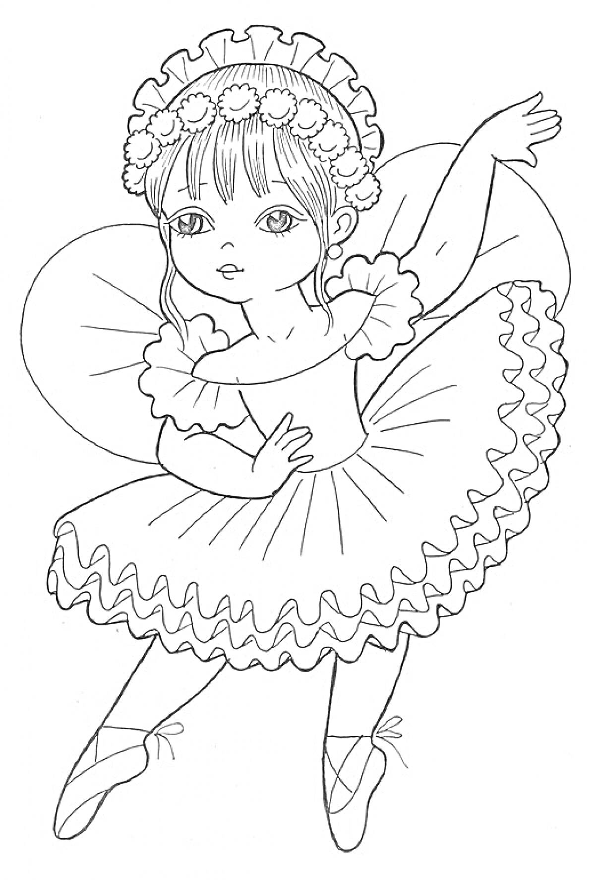 Раскраска Кукла-балерина в пачке с цветочным венком на голове