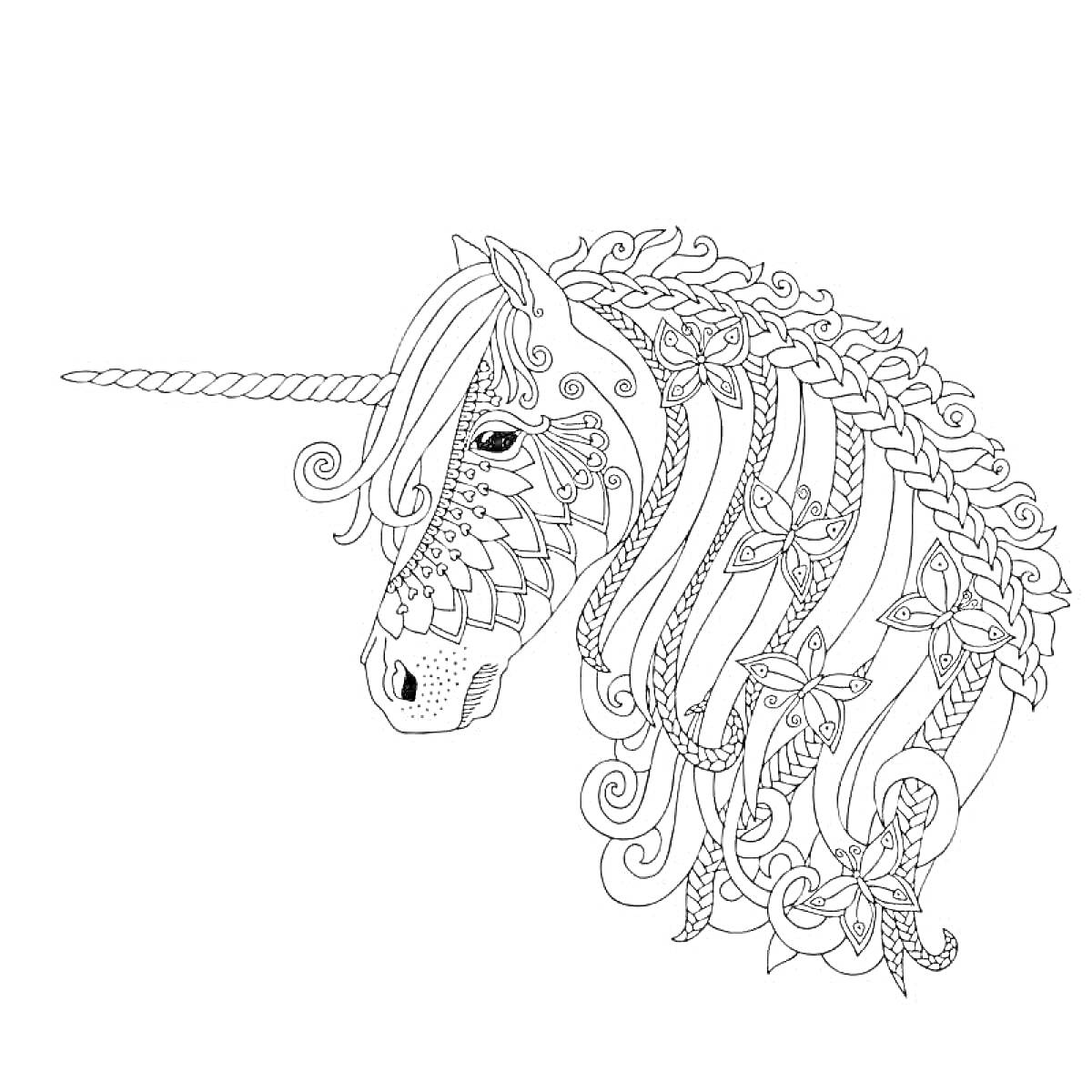 Раскраска Единорог с детализированной гривой, украшенной цветами и узорами