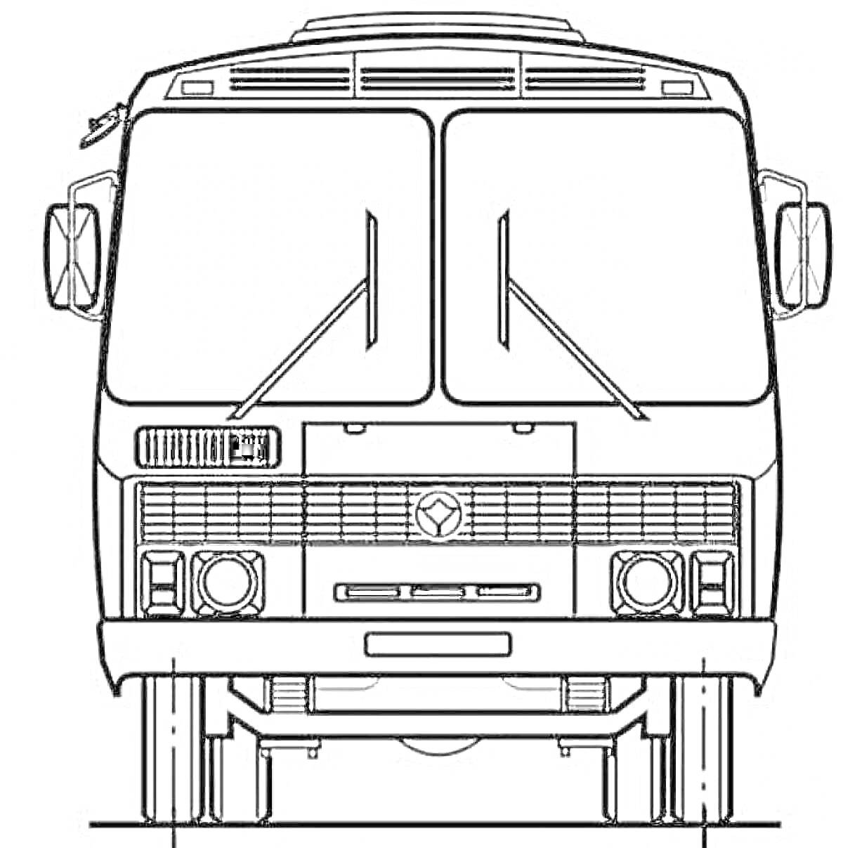 Раскраска ПАЗик, вид спереди с окнами, дворниками и боковыми зеркалами
