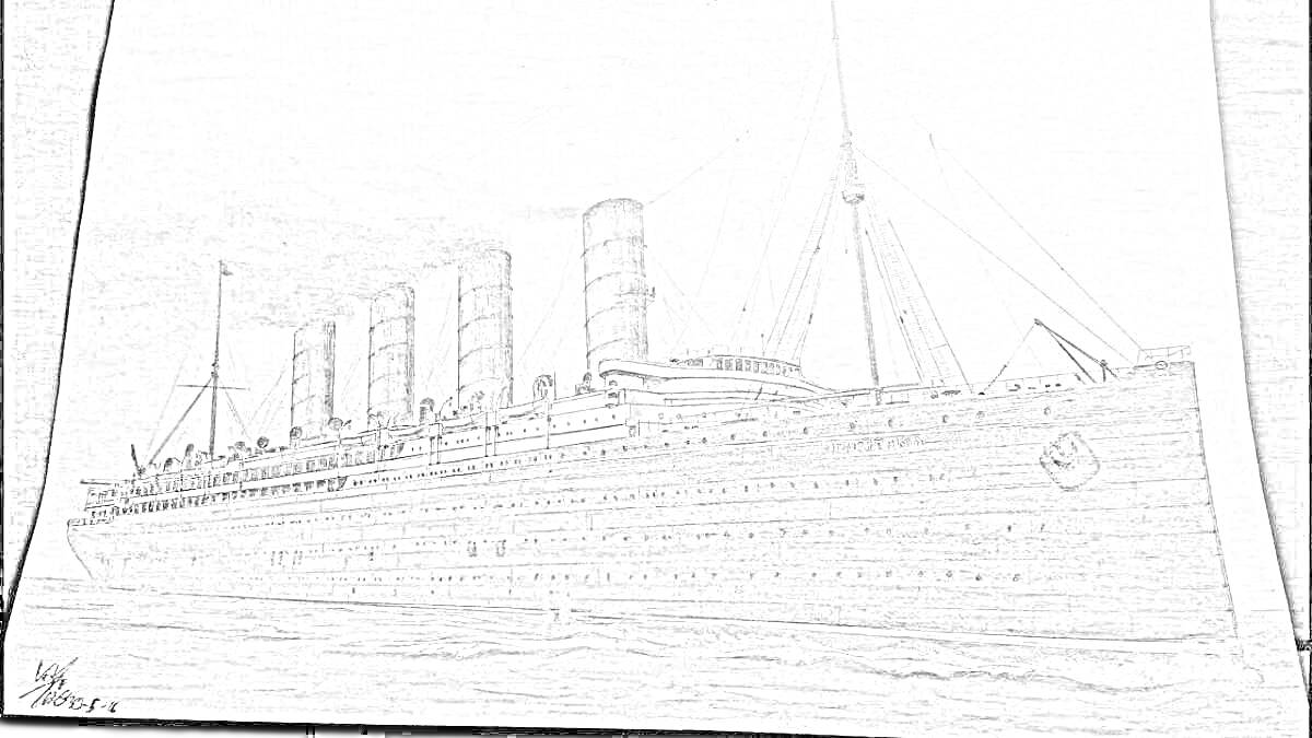 Раскраска Чёрно-белая раскраска корабля Лузитания, изображающая пароход с четырьмя дымовыми трубами и мачтами, плывущий по морю