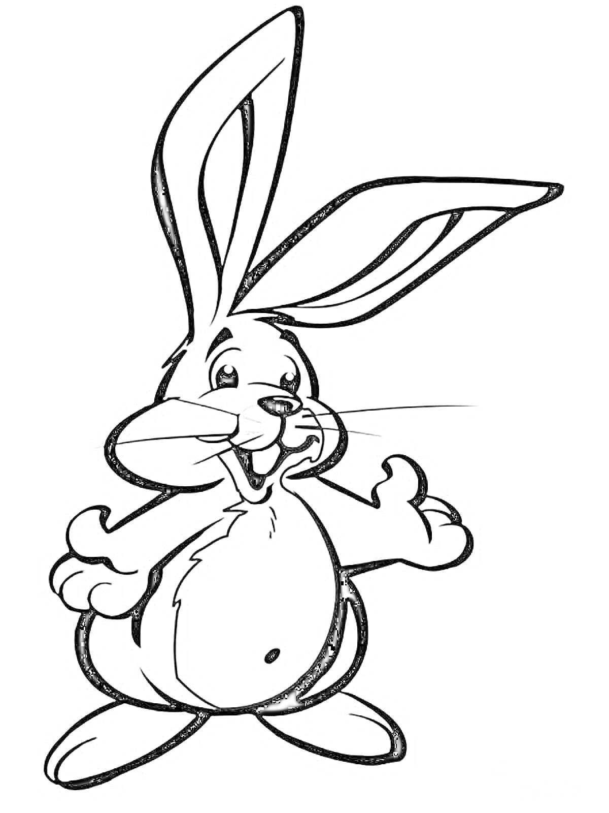 Раскраска Счастливый заяц с длинными ушами и поднятыми лапами