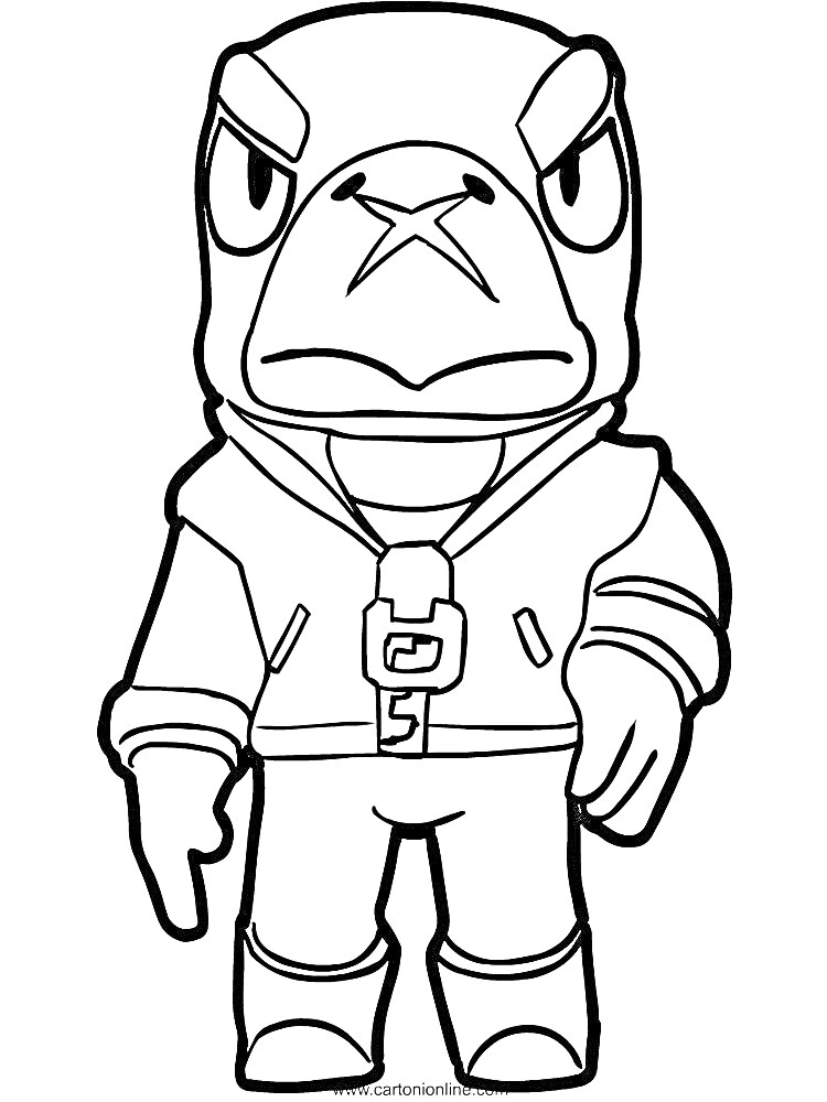 Раскраска Ворон из игры Бравл Старс в куртке с капюшоном и амулетом на шее, стоящий с вытянутой рукой
