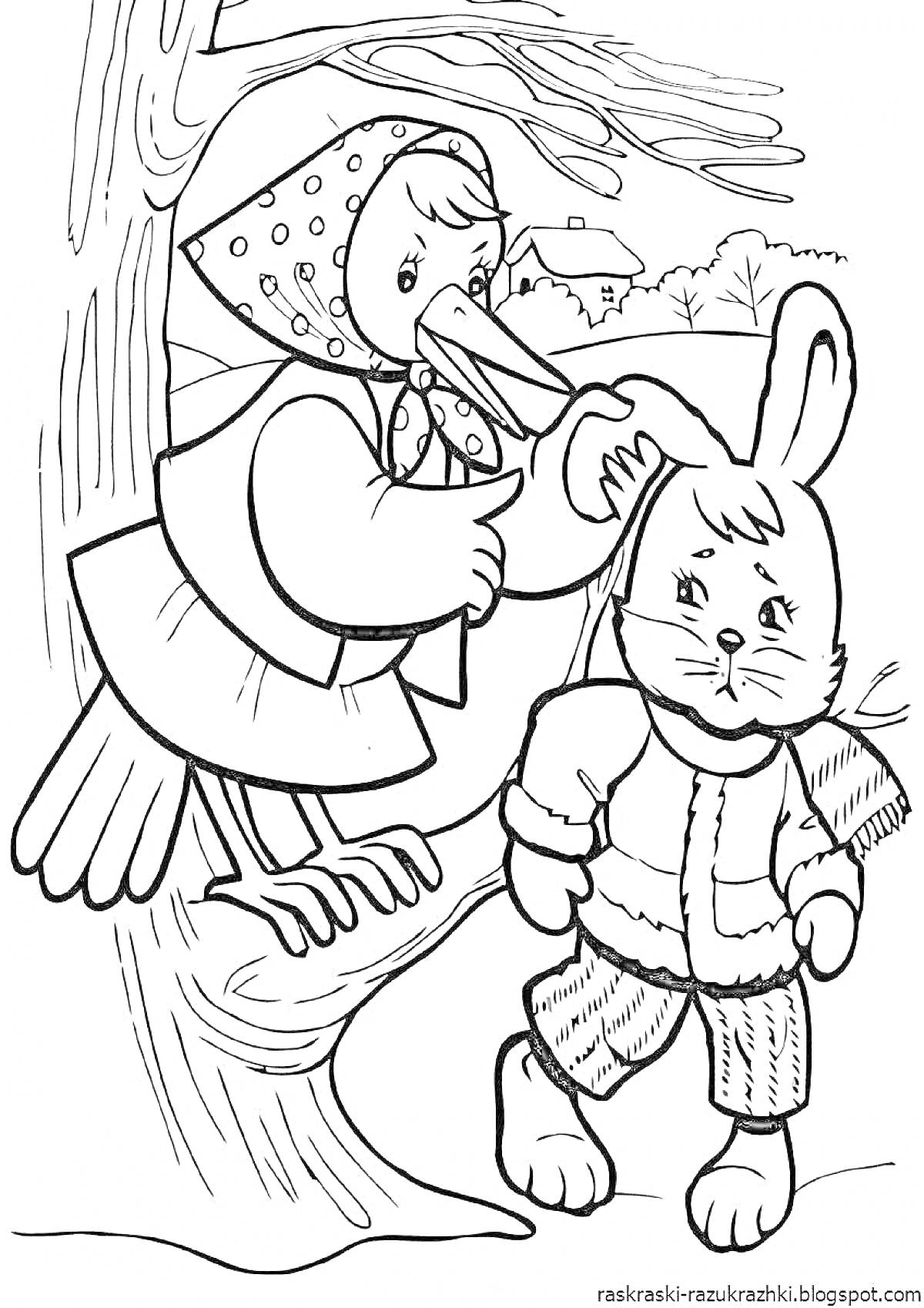 На раскраске изображено: Кролик, Аист, Заюшкина избушка, Для детей, Лес, Друзья, Помощь