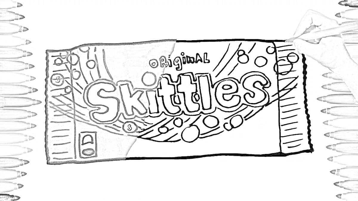упаковка конфет Skittles, цвета радуги, логотип, рука разукрашивает левую часть, цветные карандаши по краям