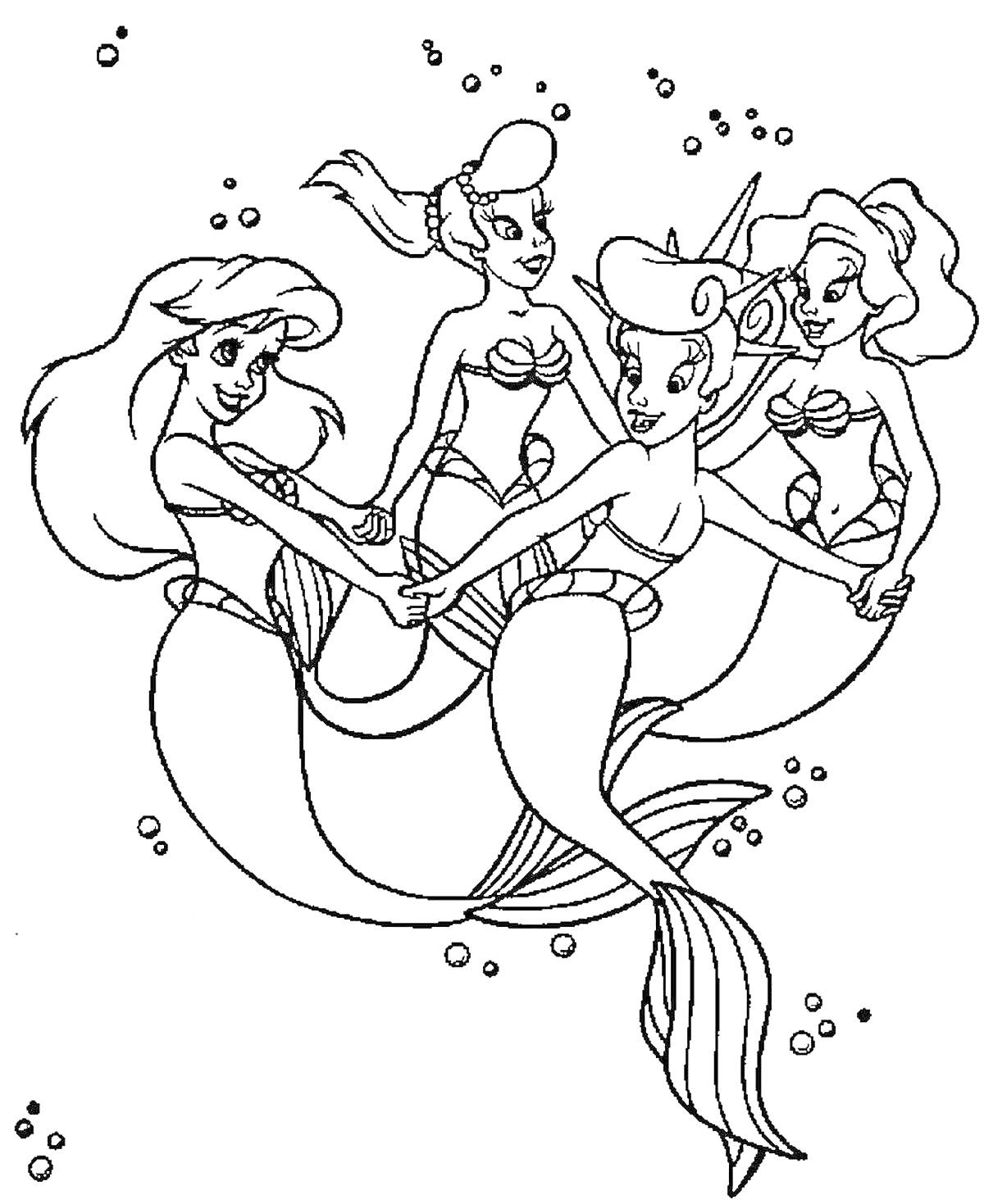 На раскраске изображено: Русалка, Ариэль, Подводный мир, Творчество, Фантазия, Для детей