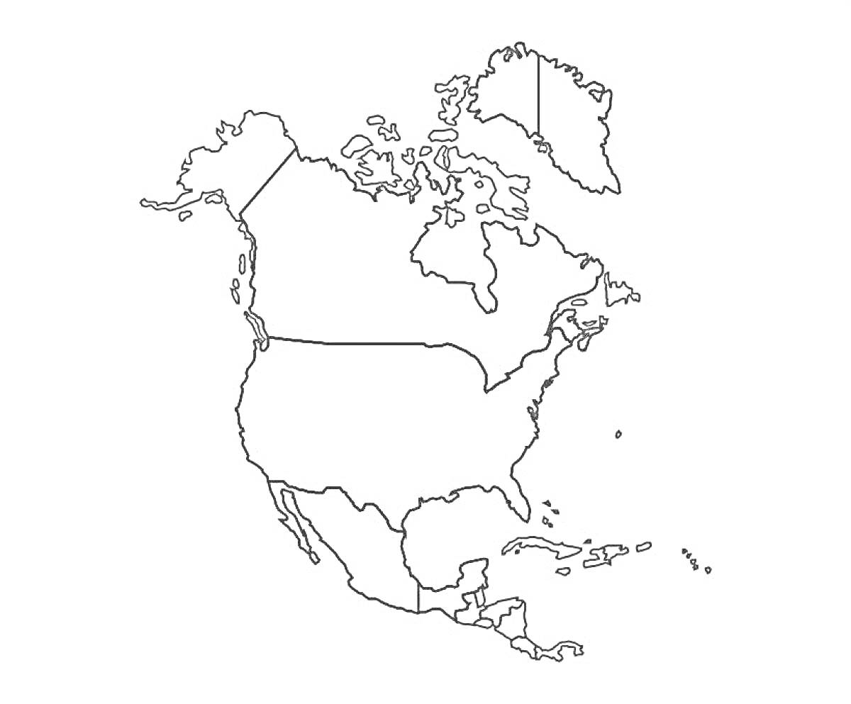 На раскраске изображено: Северная Америка, Карта, Канада, США, Мексика, География