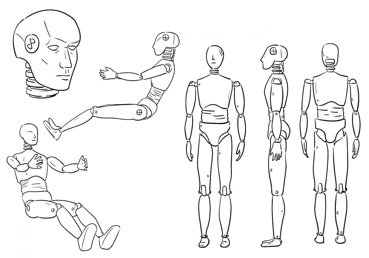 Раскраска Манекен для краш-тестов в различных позах и видах (вид спереди, сбоку, сзади, сидя, лежа)