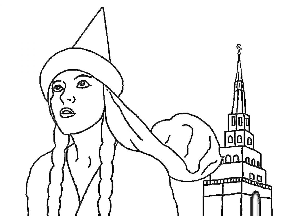 Раскраска Девочка в колпаке с башней на фоне