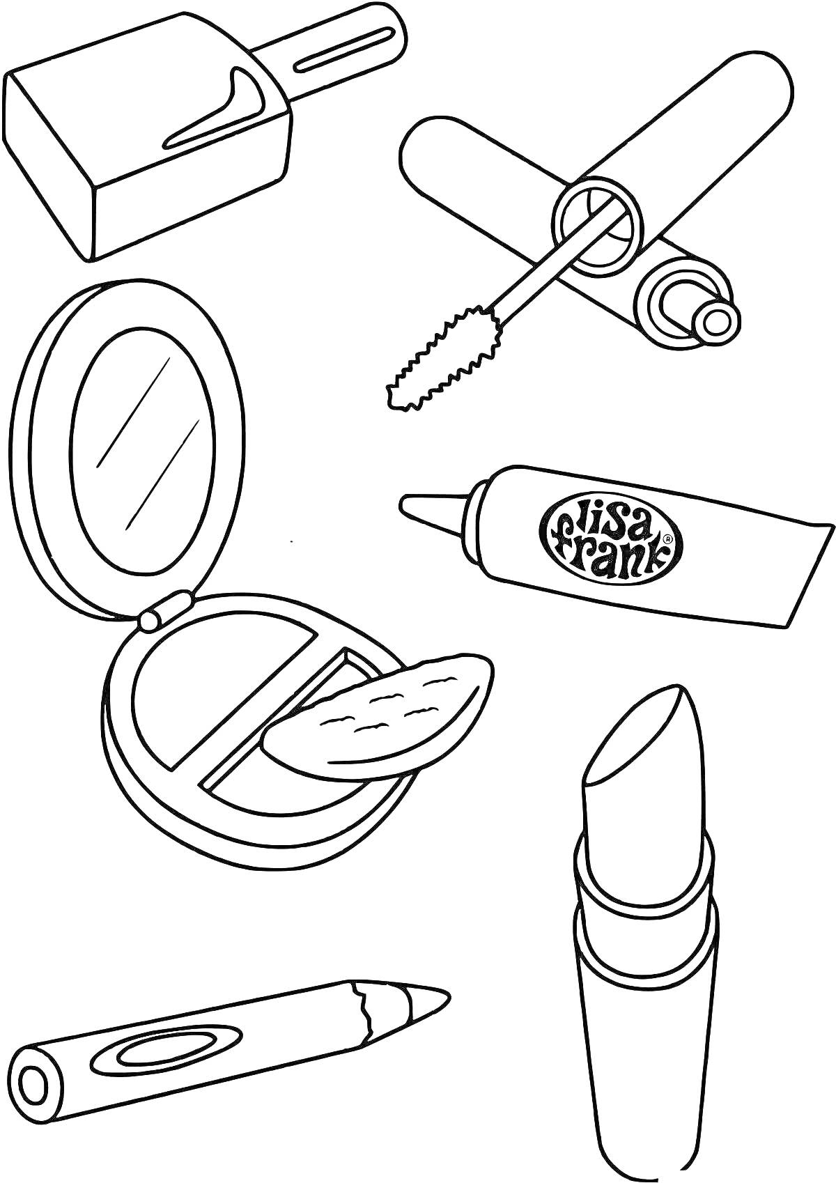 Раскраска Косметика для детей - губная помада, тональный крем, тушь, блеск для губ
