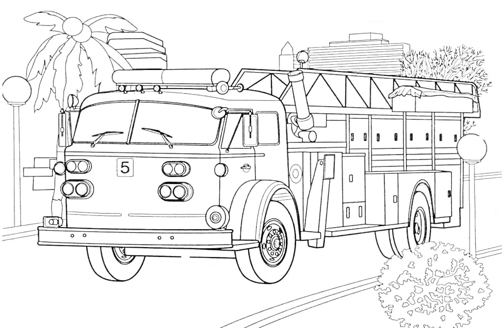 Пожарная машина на дороге с пальмой и кустами на фоне