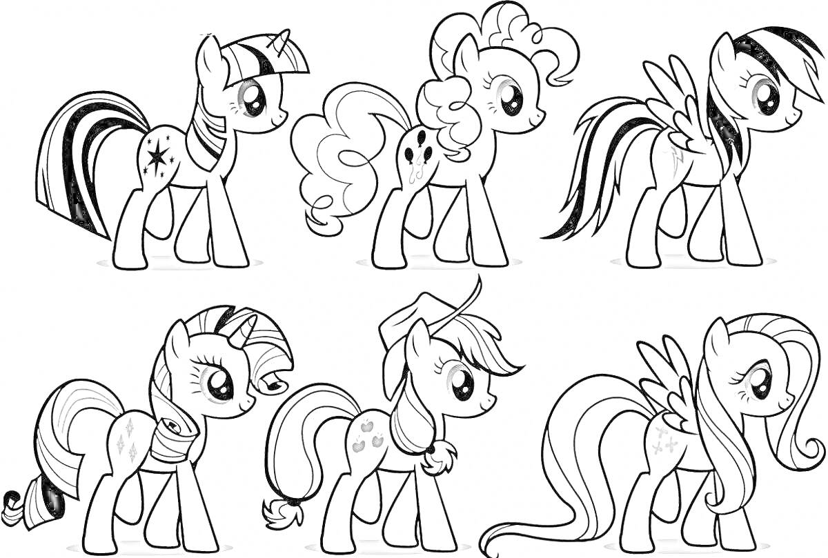 На раскраске изображено: My Little Pony, Пони, Эпплджек, Пинки пай, Твайлайт спаркл, Рейнбоу Дэш, Флаттершай, Животные