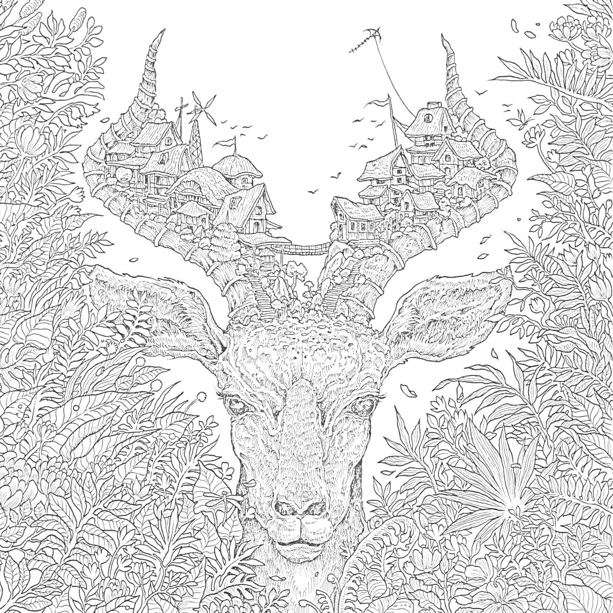 Раскраска Голова оленя с домами на рогах в окружении растений и листвы