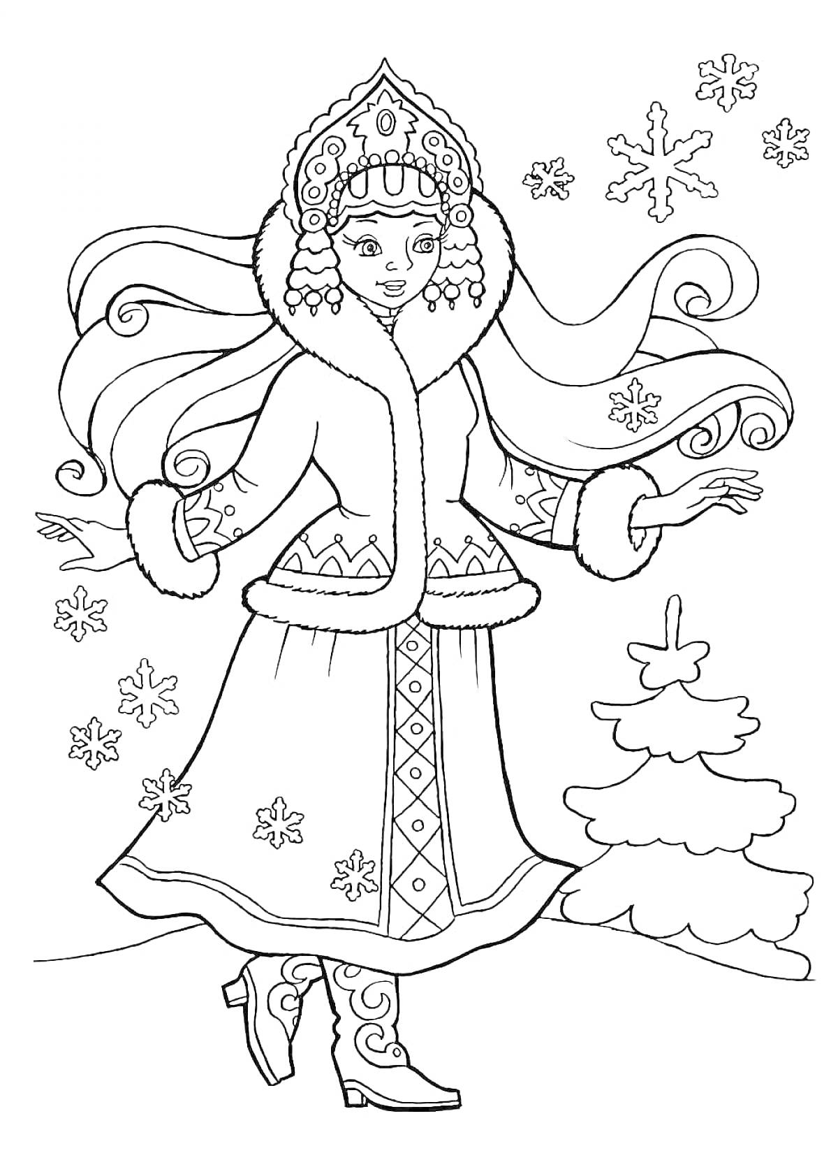 Раскраска Снегурочка в зимнем наряде рядом с ёлкой и снежинками