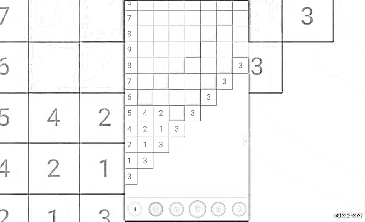 Чёрно-белая игра по клеточкам с числами, отображающая сетку и раскрашенные клетки