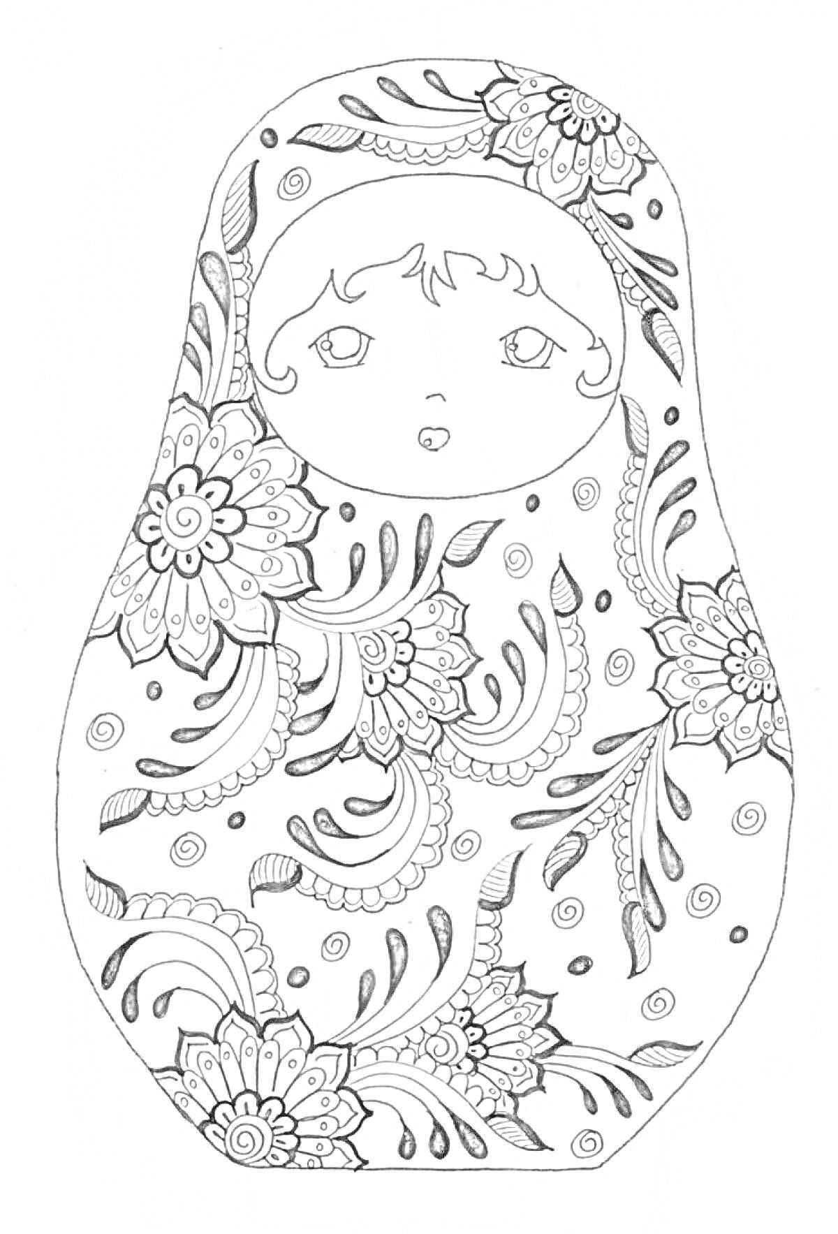 На раскраске изображено: Матрешка, Цветы, Листья, Узоры, Традиционный орнамент, Русский сувенир, Для детей