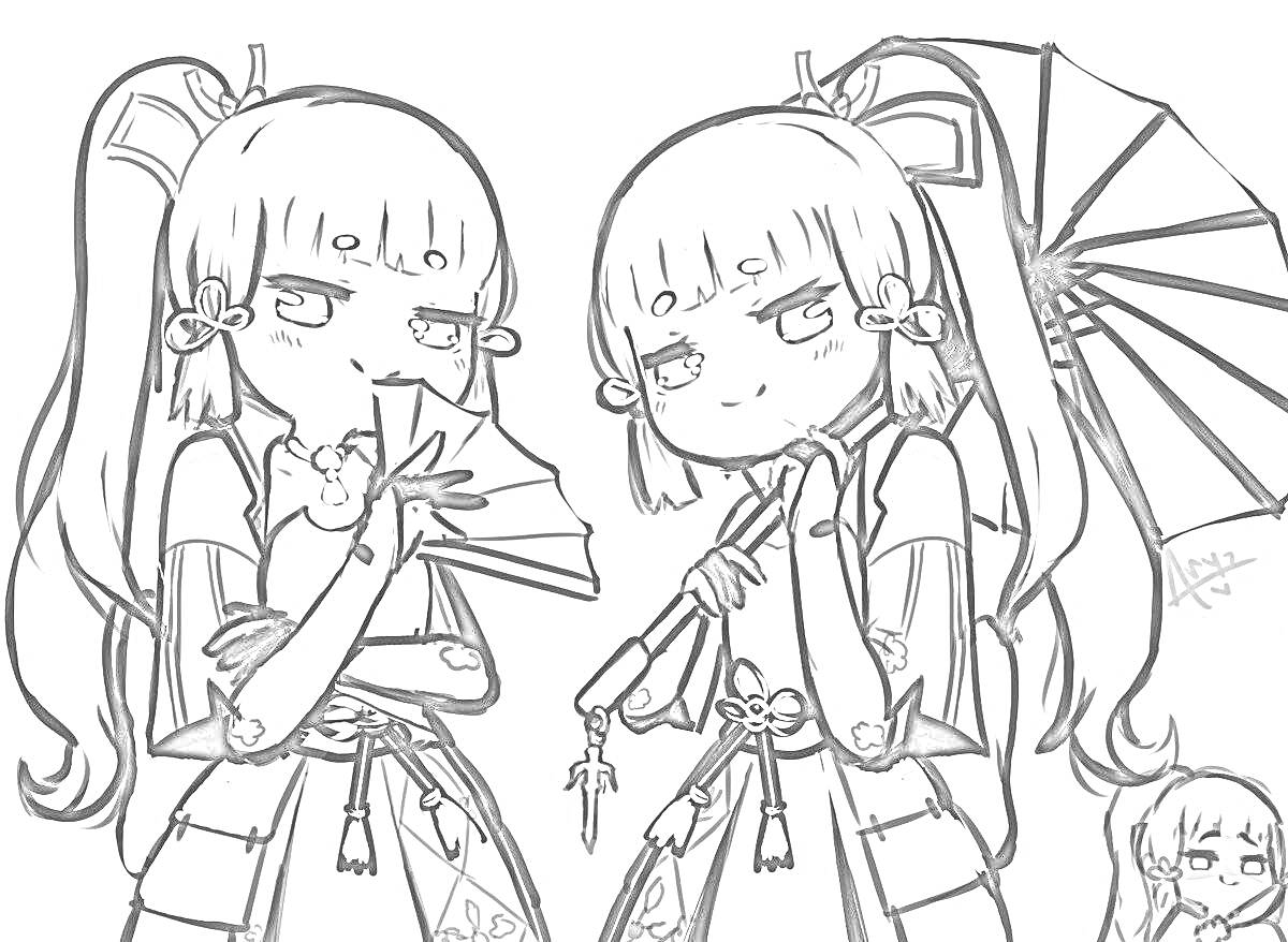 Раскраска Две девушки-аниме с веерами и зонтиком. Одна из них держит веер обеими руками, другая держит зонт в одной руке и веер в другой