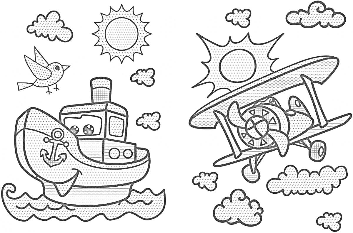 Раскраска кораблик, самолет, солнце, птица, облака