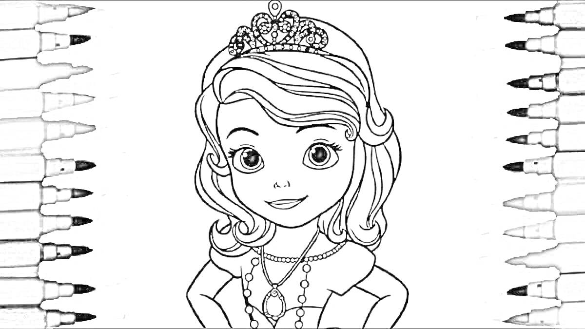 На раскраске изображено: Принцесса, Корона, Цветные карандаши, Ожерелье, Колье, Из мультфильмов, Портреты