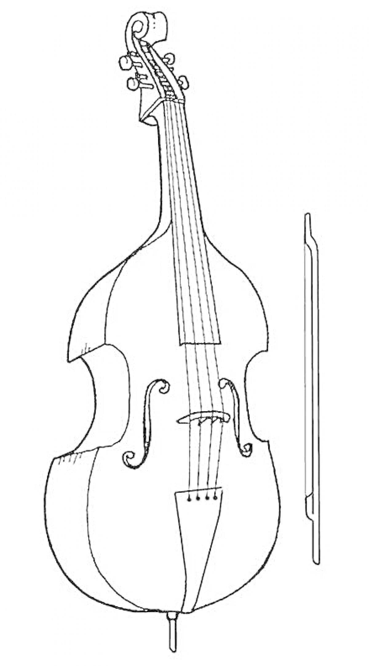 На раскраске изображено: Контрабас, Смычок, Струны, Скрипичный ключ, Классическая музыка, Музыкальные инструменты