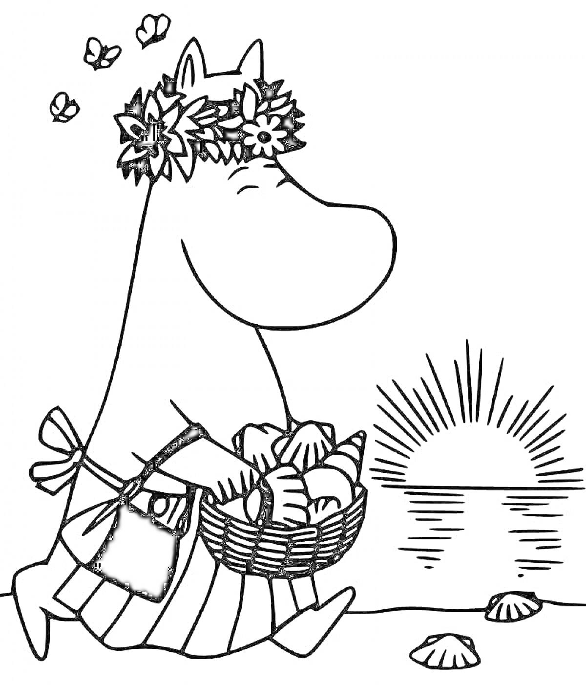Раскраска Мумий тролль с корзиной пирожков у моря на закате с ракушками и цветами на голове
