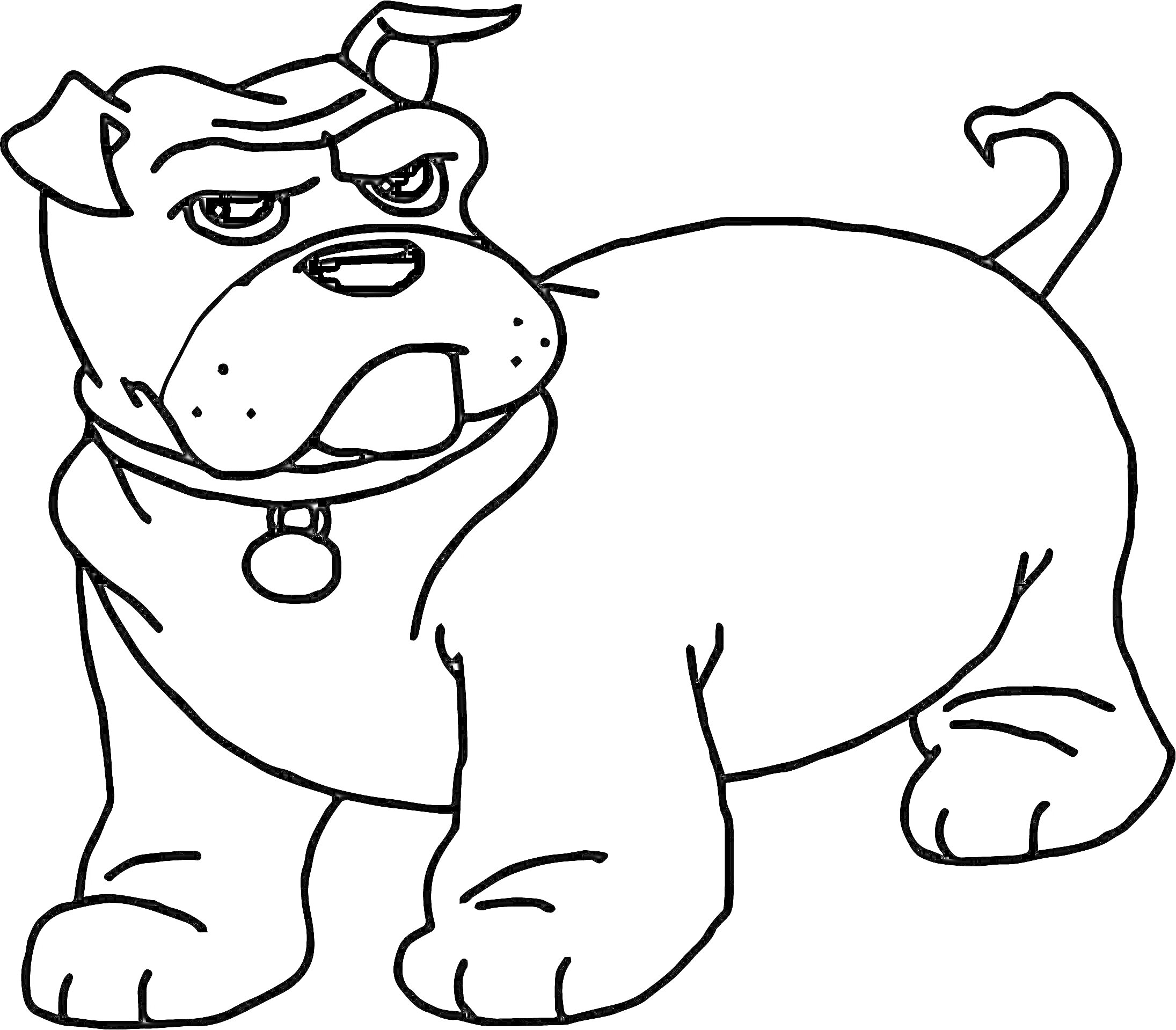 Раскраска Раскраска с изображением собаки по кличке Бен, которая стоит на лапах, с поднятым хвостиком и ошейником с медальоном