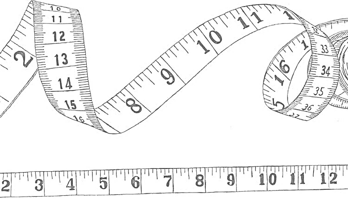 На раскраске изображено: Рулетка, Измерительная лента, Измерения, Цифры