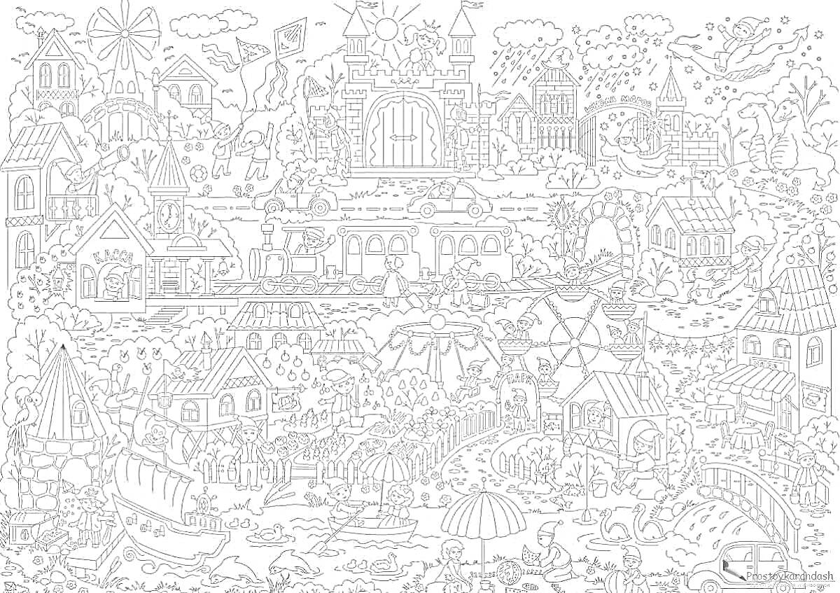 РаскраскаГород с многочисленными зданиями, мостами, деревьями и жителями, включающий мельницу, фонтан и площадь с деревьями и флагами, окруженными птицами и воздушным шаром.