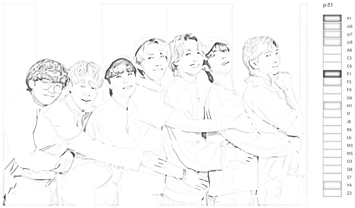 Раскраска Семь участников BTS в обнимку с таблицей цветов рядом