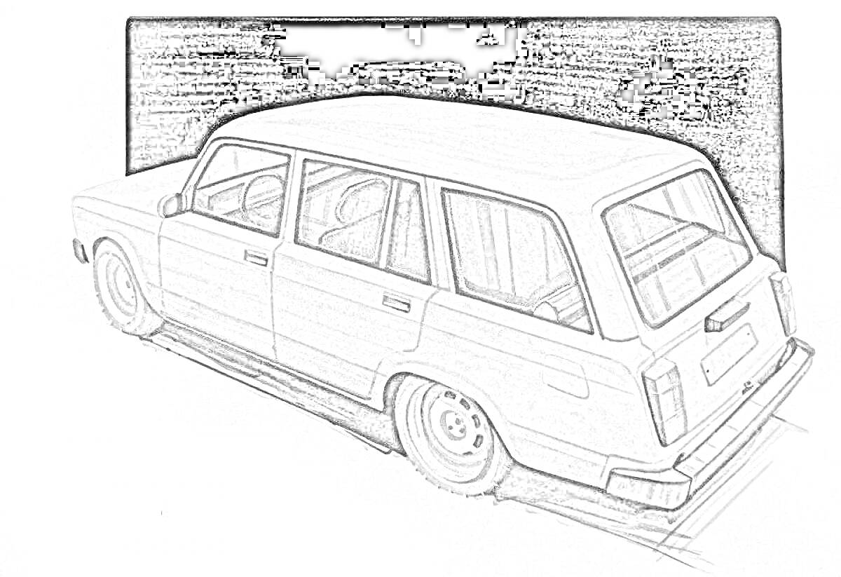 Раскраска чёрно-белое изображение автомобиля ВАЗ 2104, вид сзади, штриховка