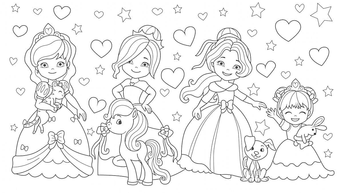 Раскраска Девочки-принцессы с питомцами на фоне звезд и сердечек