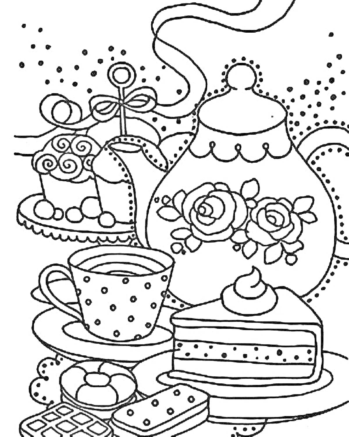 На раскраске изображено: Чаепитие, Торт, Печенье, Конфеты, Сладости