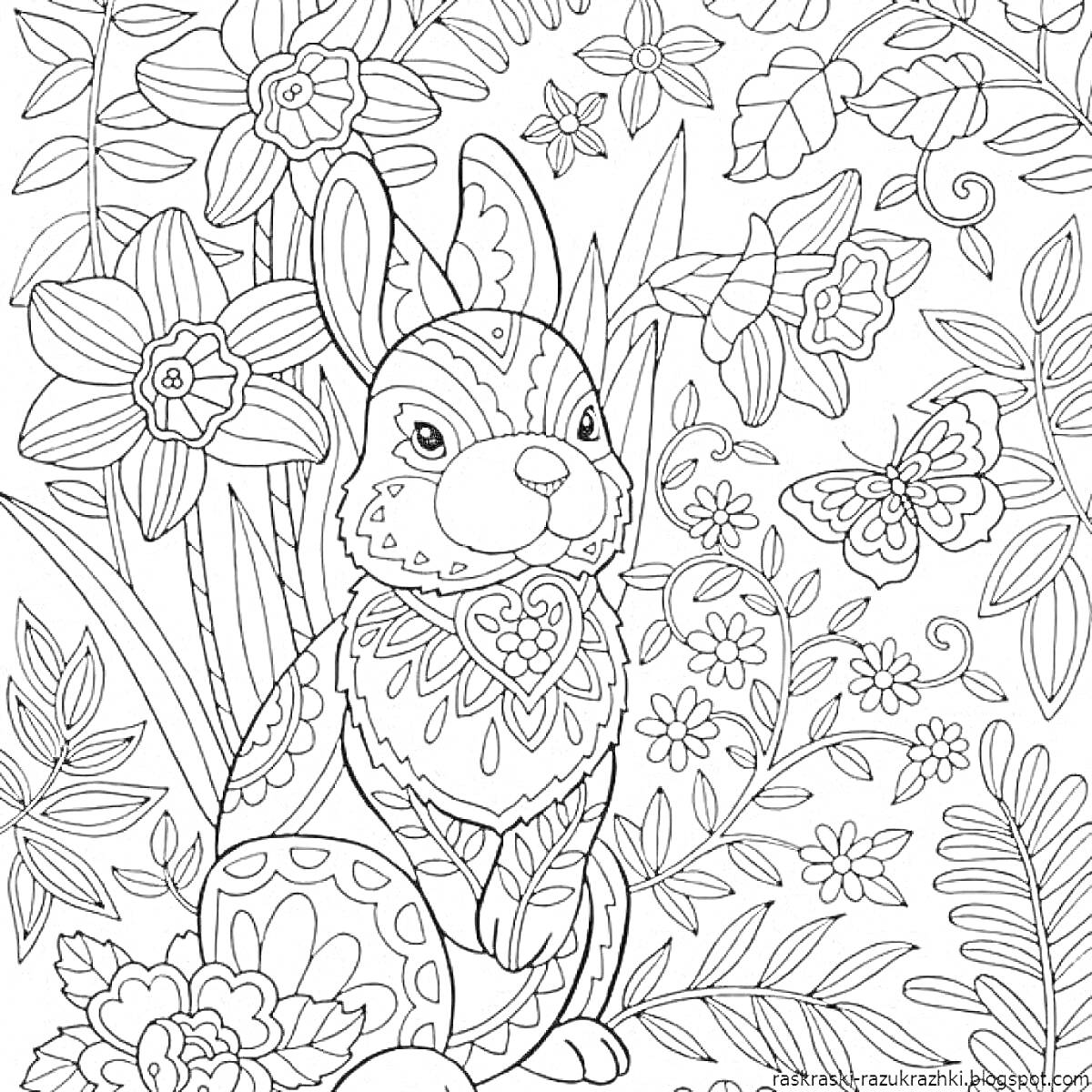 На раскраске изображено: Заяц, Цветы, Листья, Антистресс, 6-7 лет, Для детей, Бабочка