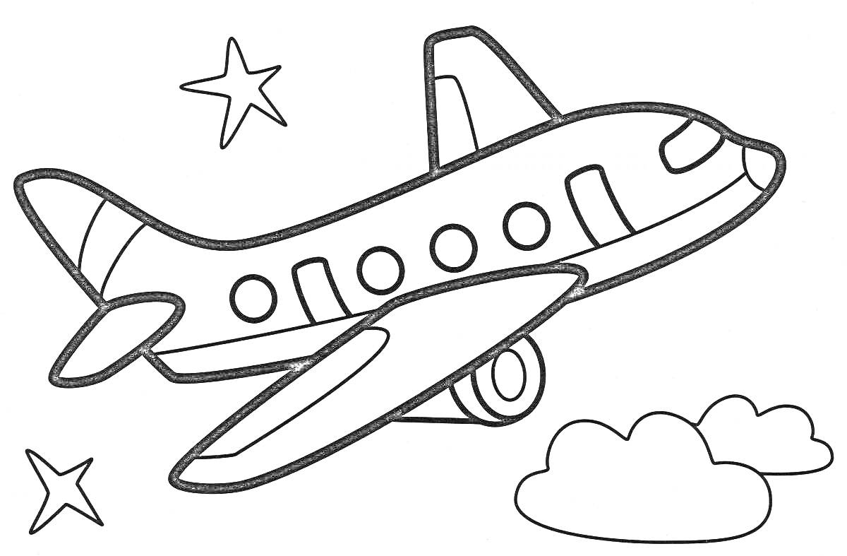 На раскраске изображено: Облака, Звезды, Авиация, Для детей, Развивающие, Самолеты