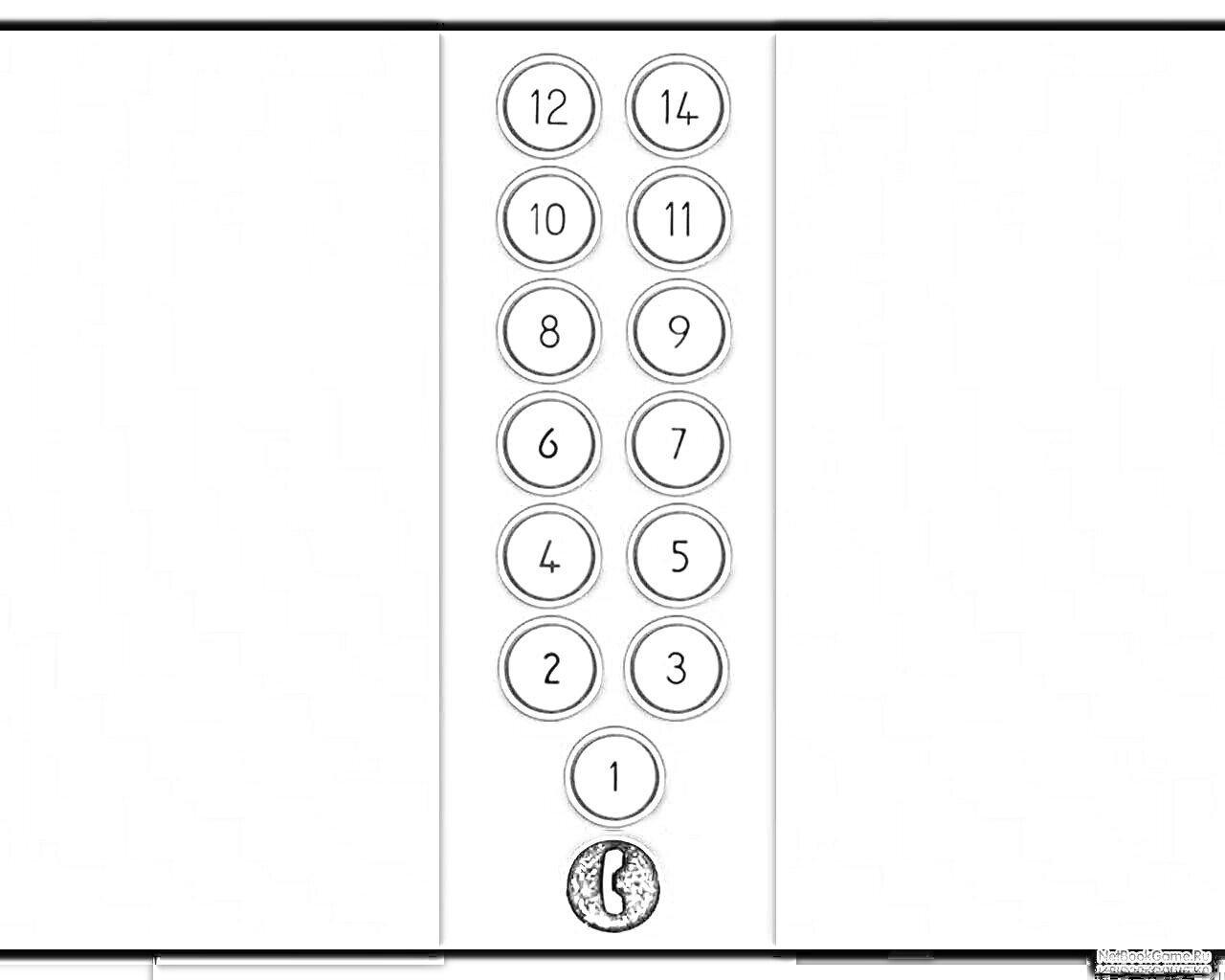 На раскраске изображено: Лифт, Кнопки, Этажи, Цифры, Экстренная помощь, Панель