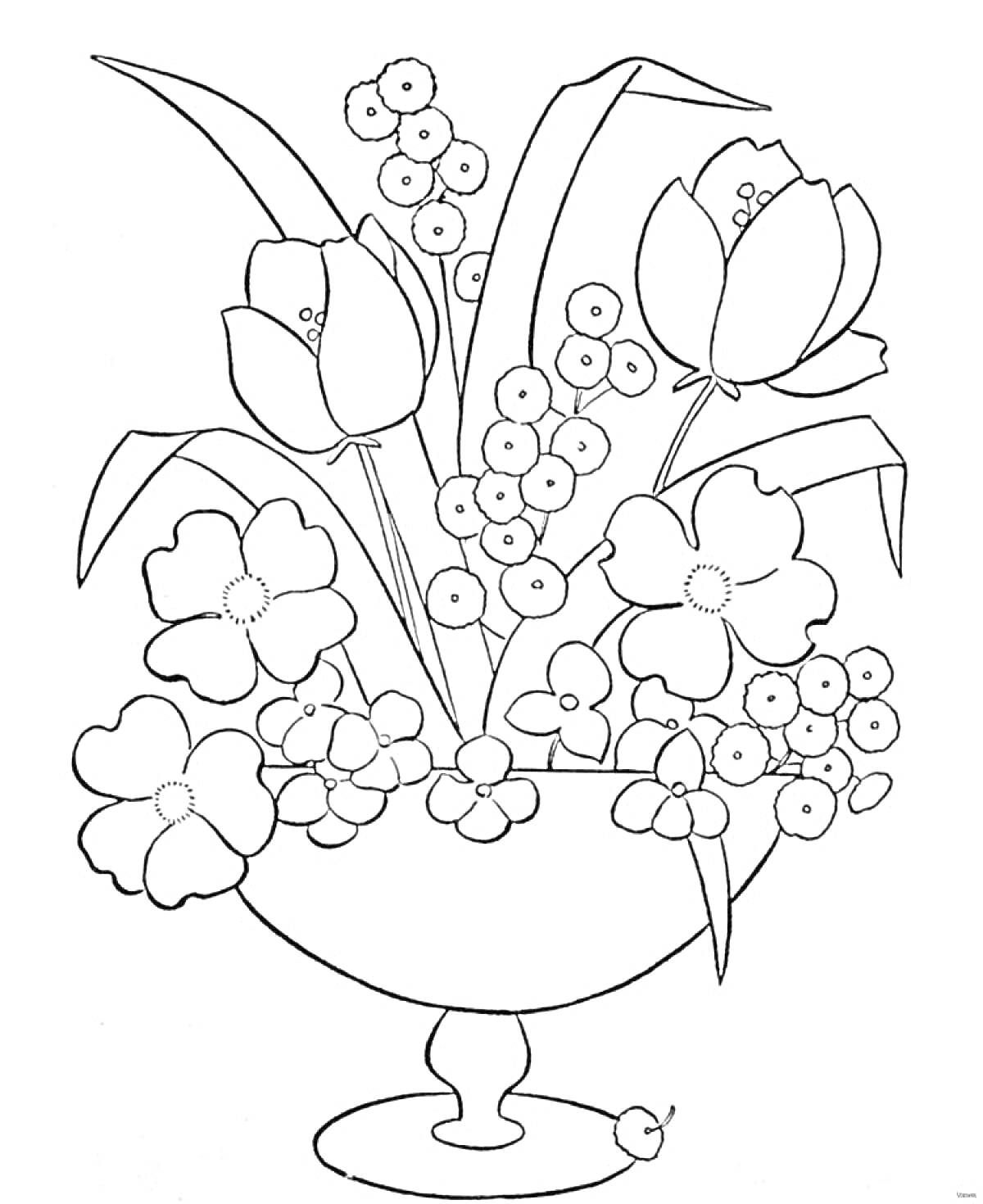 Раскраска Букет из тюльпанов и различных цветов в вазе