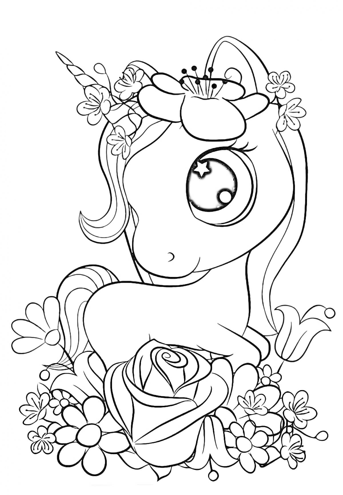 Раскраска Единорог в цветах, окружённый цветами с крупной розой