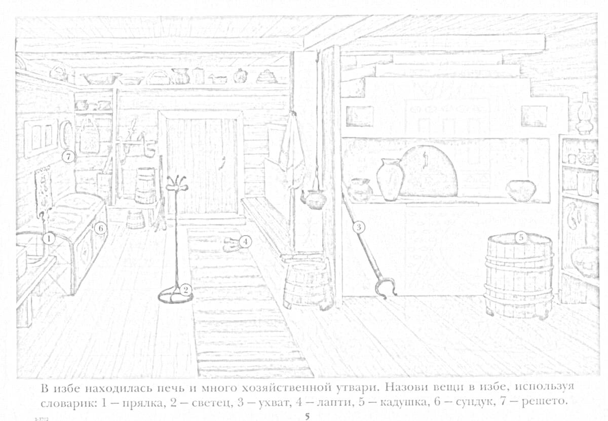Раскраска Внутренний интерьер русской избы с печью, горшками, кадкой и другими элементами быта