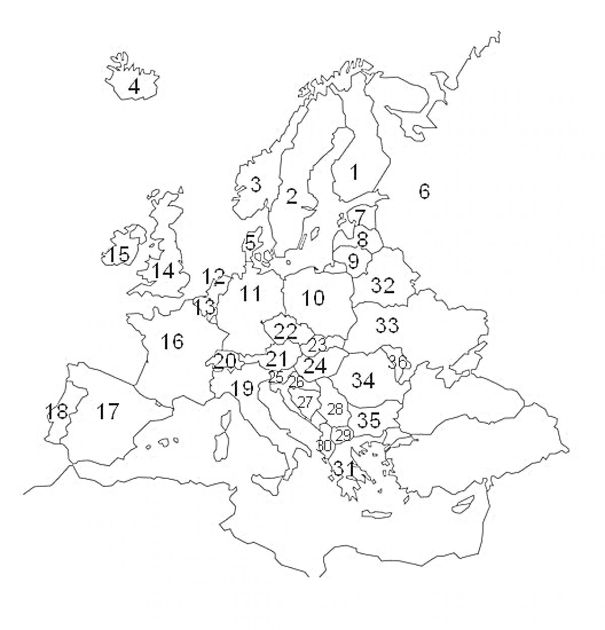 Раскраска Раскраска карта Европы с номерами стран