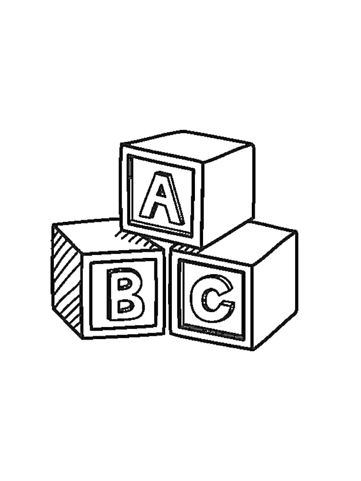 На раскраске изображено: Буквы, Алфавит, Буква А, Буква b, Кубики, Буква C