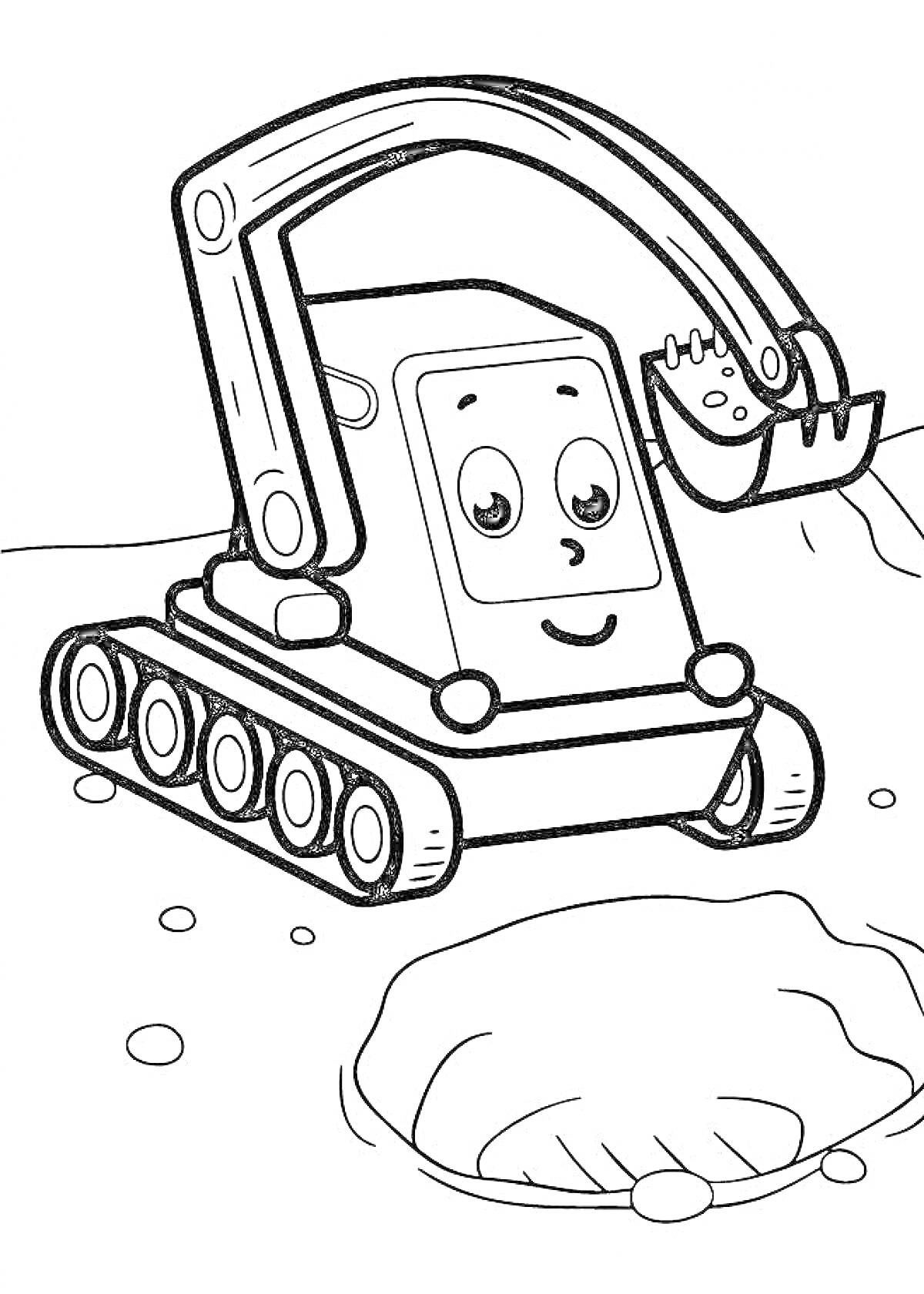 Раскраска Экскаватор с гусеницами копает яму, мультяшное лицо и улыбка на кузове