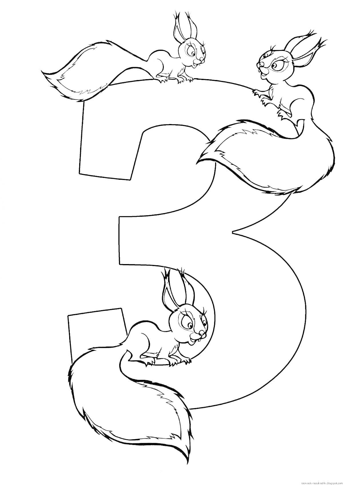 На раскраске изображено: Цифра 3, Животные, Цифры