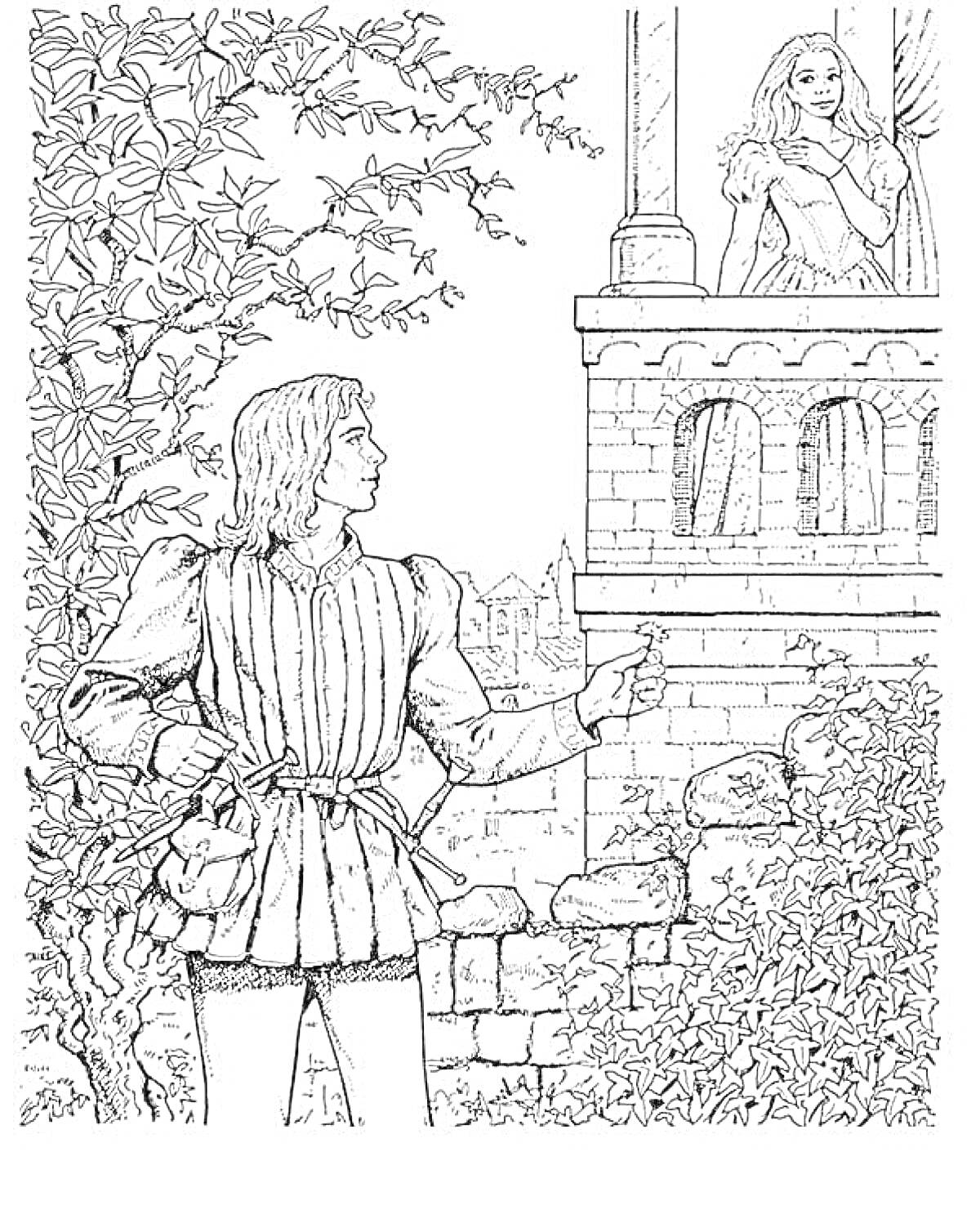 На раскраске изображено: Ромео, Джульетта, Балкон, Любовь, Растительность, Каменная стена, Деревья, Классическая литература