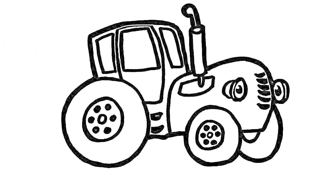 На раскраске изображено: Трактор, Большие колеса, Окна, Труба, Фары, Сельскохозяйственная техника, Транспорт, Для детей