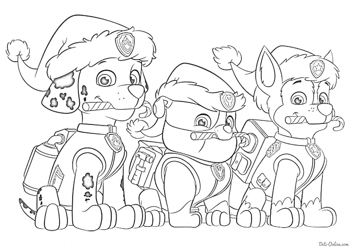 Раскраска Три щенка в новогодних шапках с рюкзаками и сушеным лакомством во рту