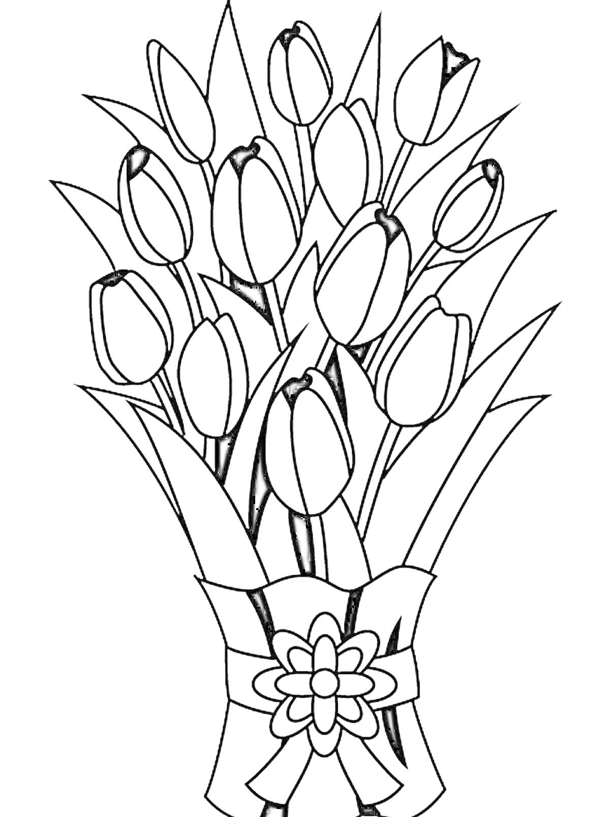 На раскраске изображено: Тюльпаны, Цветы, Листья, Бант, Букет цветов