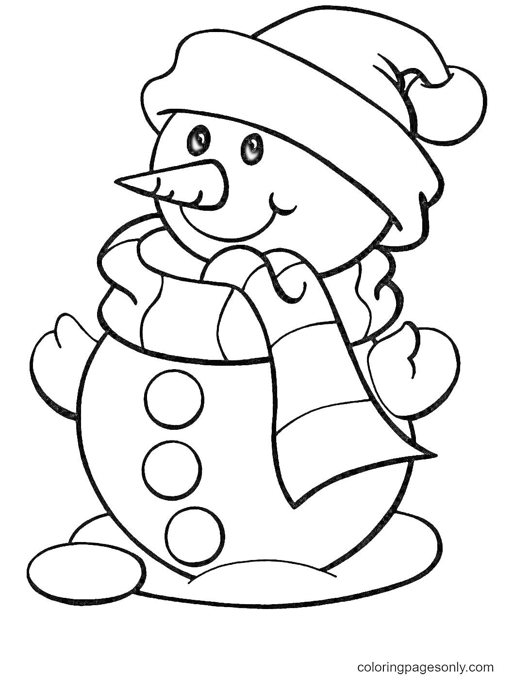Раскраска Снеговик в шапке и шарфе с пуговицами на снегу