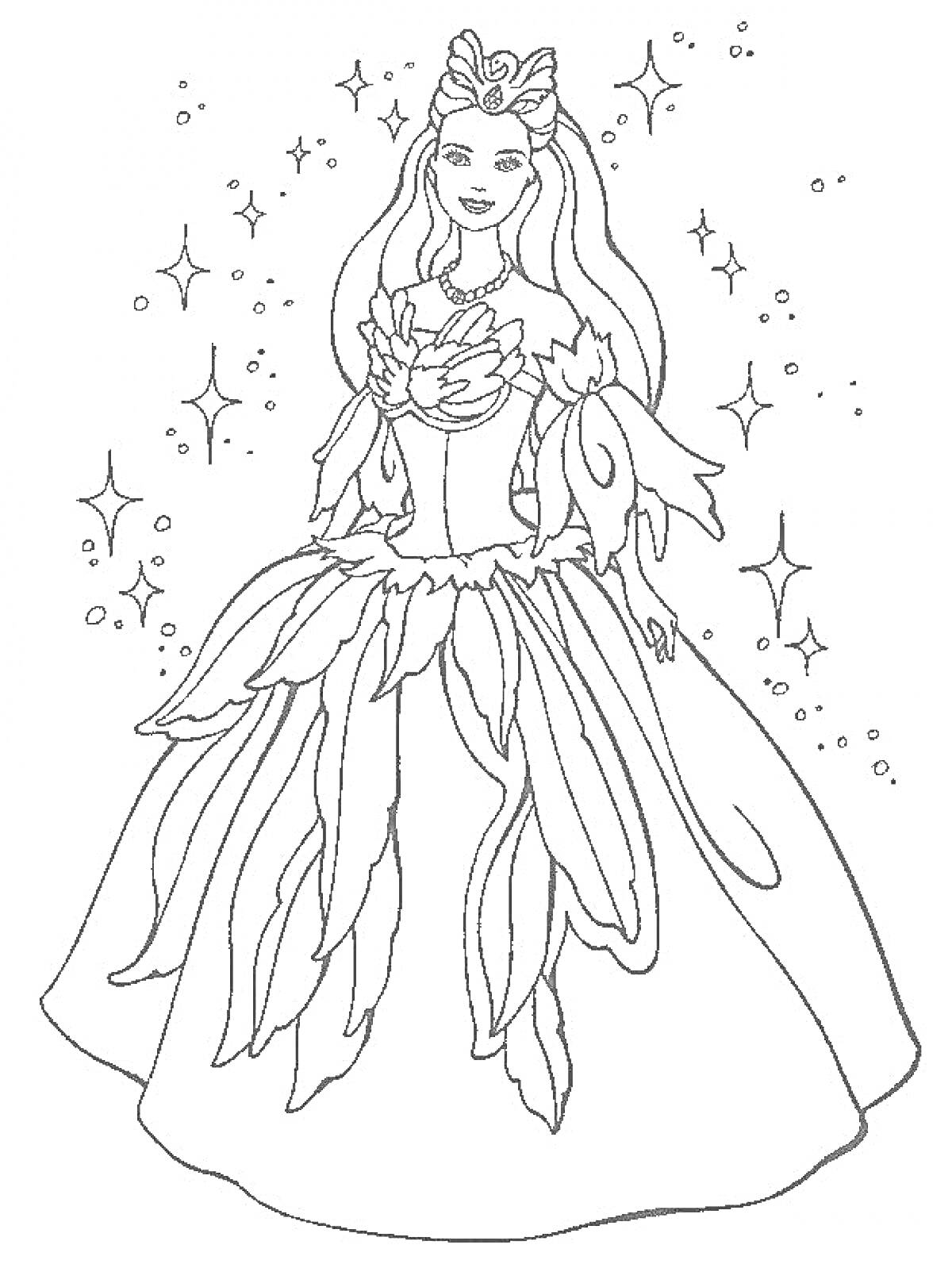 Раскраска Принцесса в платье из лепестков и звездочки